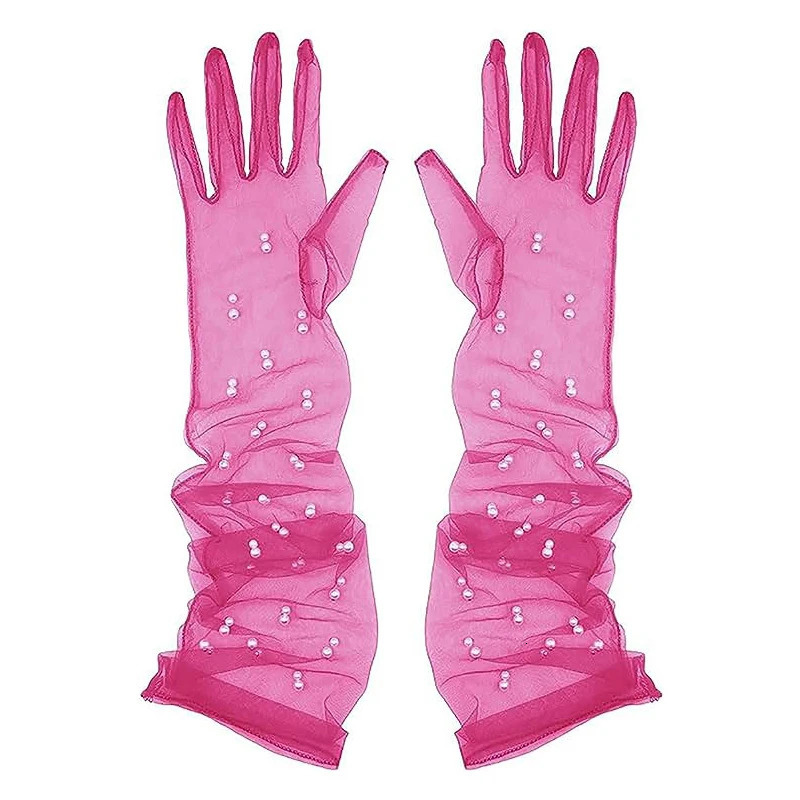 Women sexy Pearl Lace Tulle Gloves Wedding Bridal Gloves Mesh Yarn Long Full Finger Mittens 250603