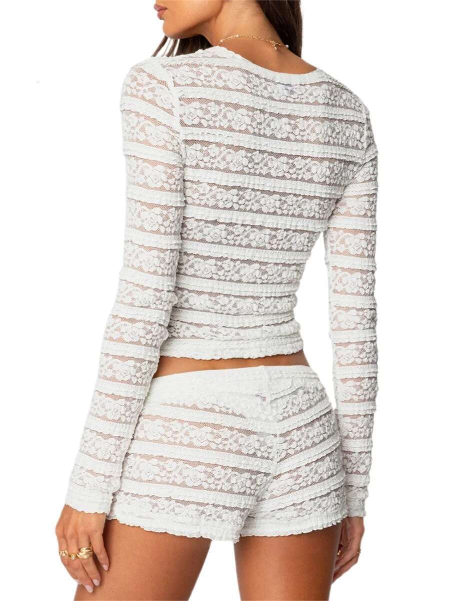 Womens Floral Lace Layered Long Sleeve Boat Neck Crop Top and Low Rise Mini Shorts 2-piece Set with Embroidered Detail