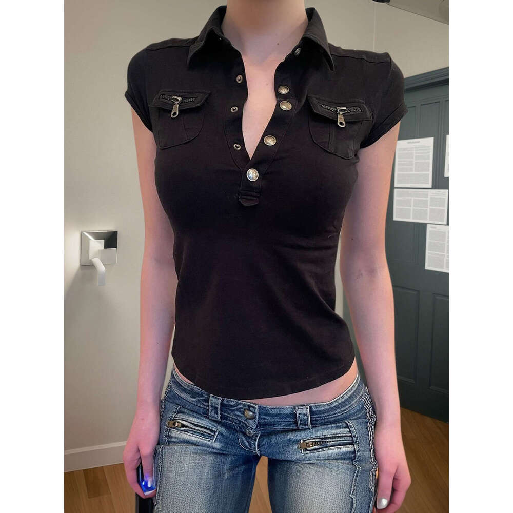 American Style Sports Summer Solid Color Hot Girl Women's Top Turn-down Collar Pullover Stretch Tight Button-down Slim Fit Short Sleeve T-shirt 2