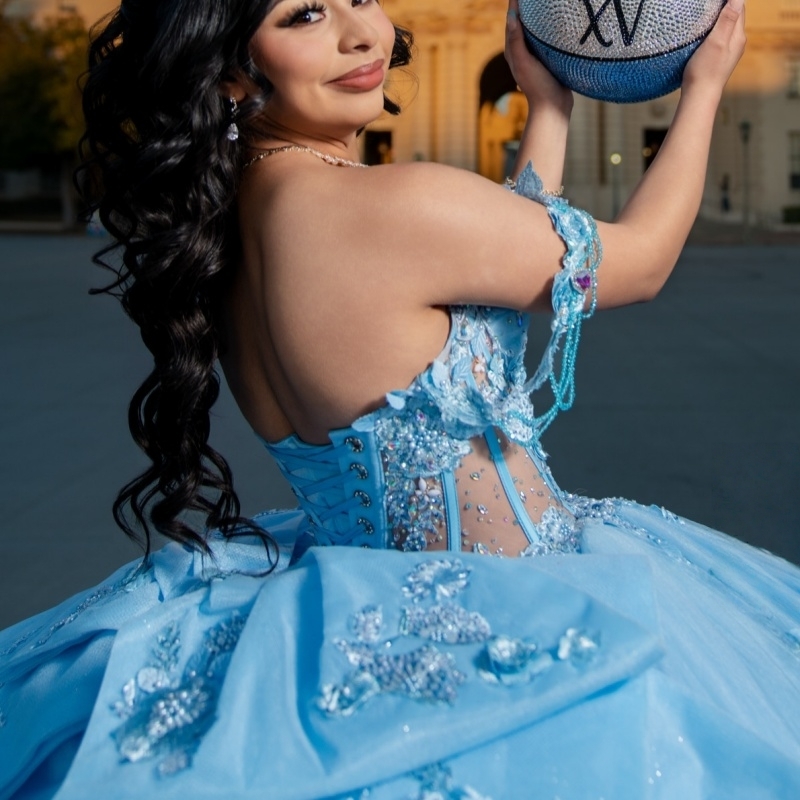 Sky Blue Shiny Quinceanera Dresses Ball Gown Off The Shoulder Applique Lace Beading Bow Tull Sweet 16 Dress Vestidos 15 De Anos