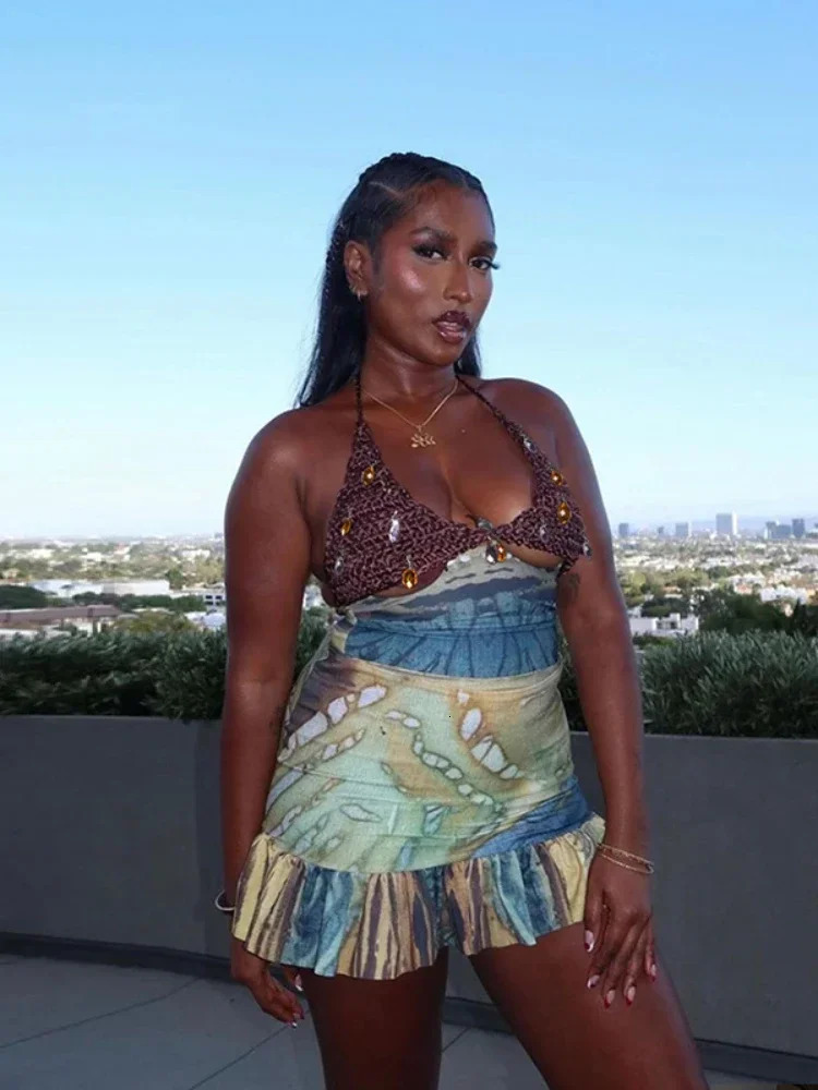 XIZOU Vintage Women 2 Piece Set Knit Patchwork Diamond Tassels Halter Backless TopsRuffles Hem Skirts Vacation Clubwear 250605