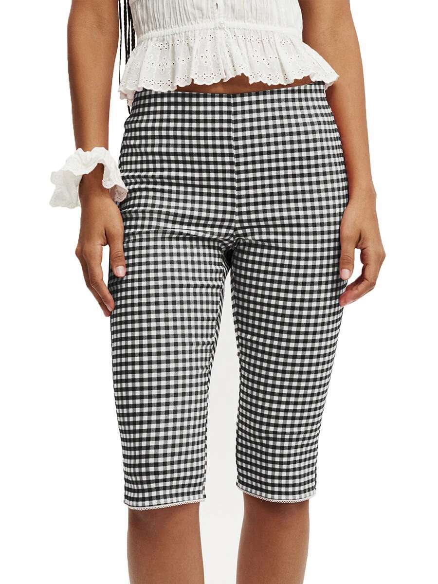 Ladies Checkered Cropped Trousers with Mid-rise Waist and Stylish Knee-length Side Slits Perfect for Everyday Wear or Night