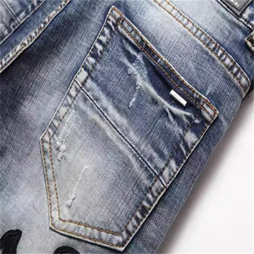 free shipping designer Jeans Embroidered men jeans with knee hole zipper small leg pants large denim pants Stretchy