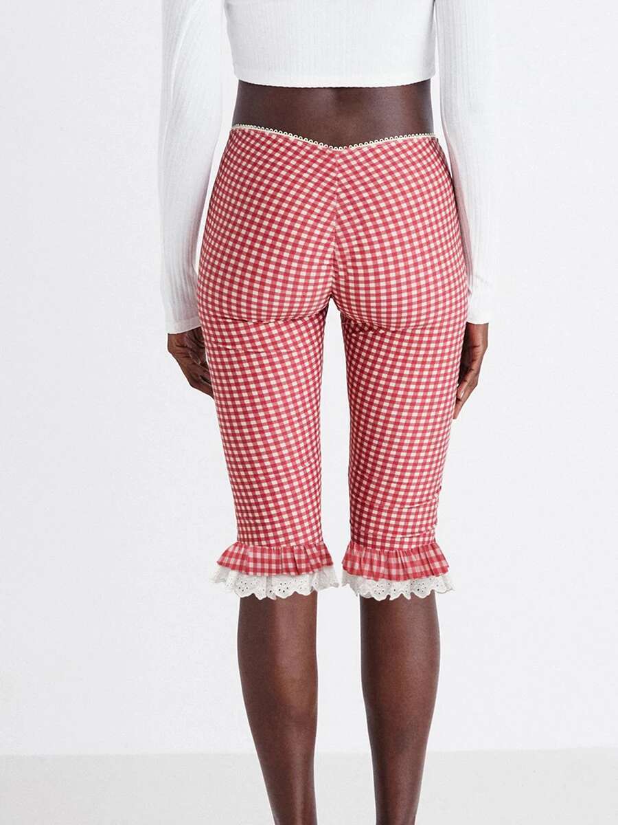 Womens Plaid Pants with Lace Ruffles and Stretchy Cropped Leggings for Summer Casual Wear