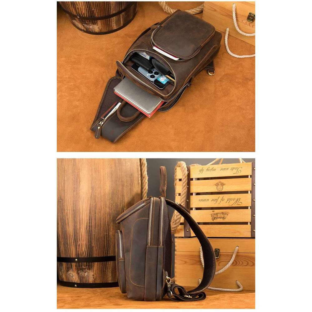 Men Bagpack Shoulder Cross Body Genuine Leather Cowskin Chest Pack For Outdoor Travel Messenger Bag Riding