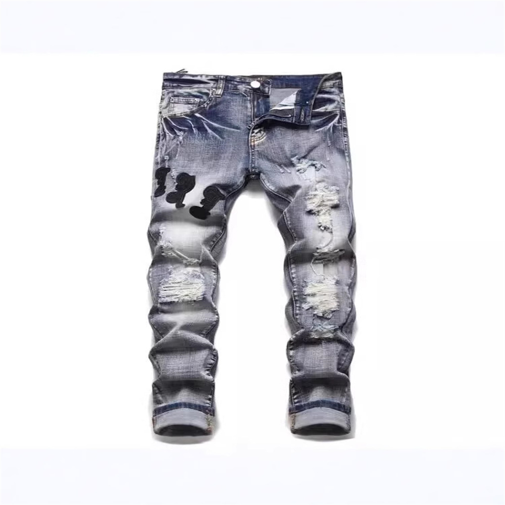 free shipping designer Jeans Embroidered men jeans with knee hole zipper small leg pants large denim pants Stretchy