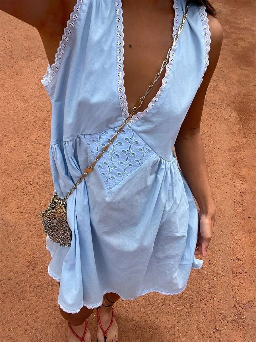 Womens Sleeveless Floral Print Mini Dress with Deep v Neckline and Eyelet Detailing - Perfect for Summer Beach Days