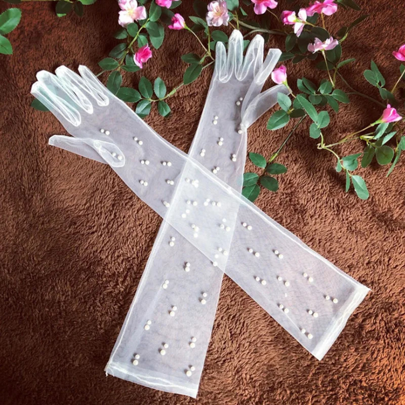 55 cm Transparent Wedding Gloves Pearls Long Elbow Mittens Mesh Arm Cover Party Bridal Dress Accessories Po Props 250603
