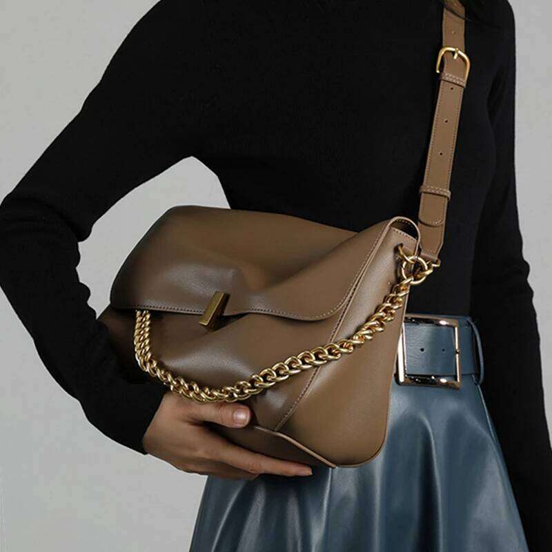 Toptrends Genuine Leather Large Chain Shoulder For Women 2025 Designer Office Messenger Bags Satchel Cow Ladies Handbags 250605