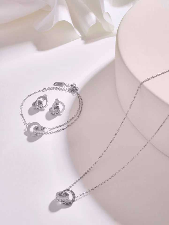 Stainless Steel 18K Gold Plated Interlocking Circles Infinity Style Roman Numerals Necklace Earring Jewelry Set Z250607