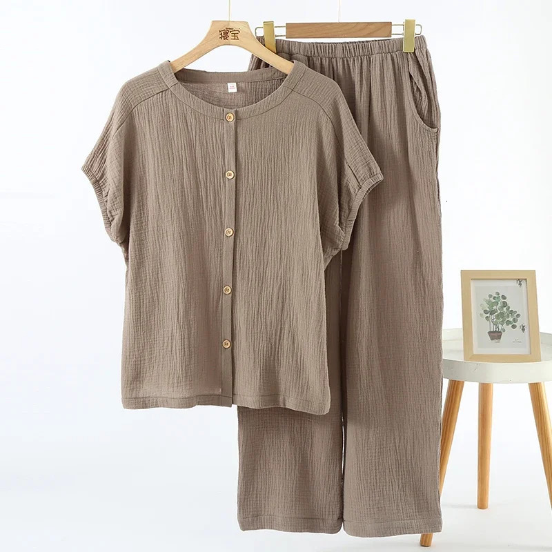 Muslin 100% Cotton Gauze 2 Piece Sets Womens Outfits Button Up Short Sleeve Tees Long Trouser Sets Comfortable Tracksuit 250605
