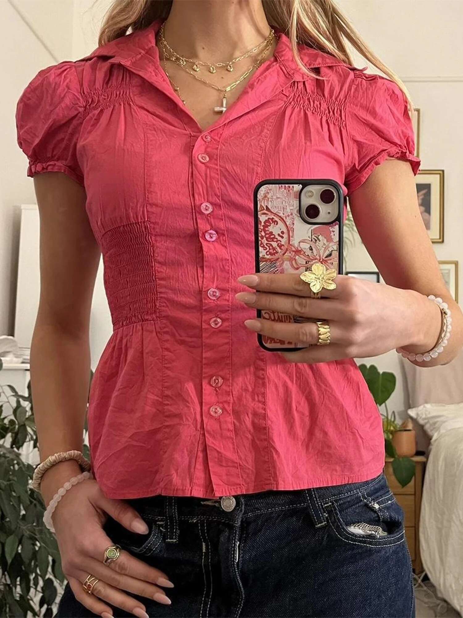 Ladies Stylish Short Sleeve Tee Shirt with Button Detail in Solid Color for Casual Streetwear and Grunge Fashion Trends