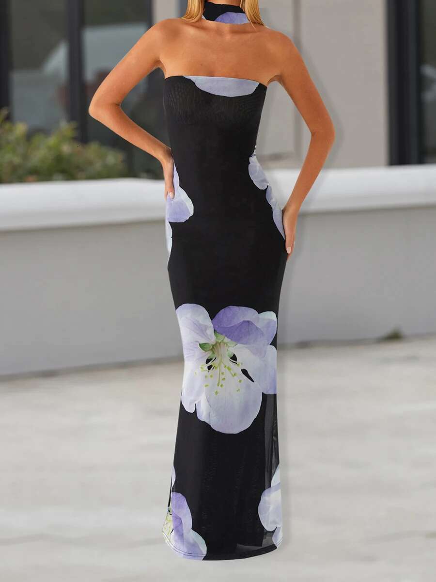 Elegant Lace Halter Neck Maxi Dress with Ruffle Hem and Matching Belt for Women Wedding Party Evening Gown