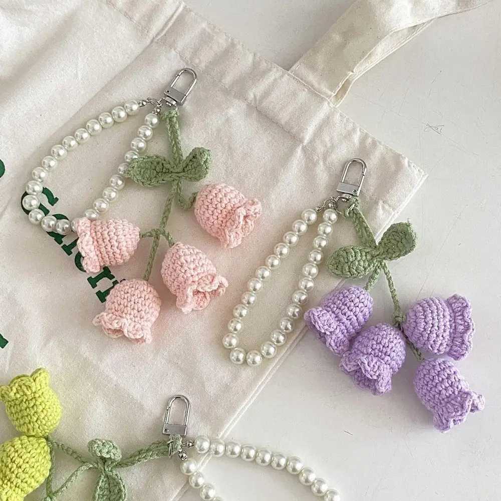 Creative Wool Crocheted Bolling Orchid Key Ring Ins Cute Girl Pearl Chain Key Chain Handmade Knitted Bag Pendant Charm Gift XJ250607