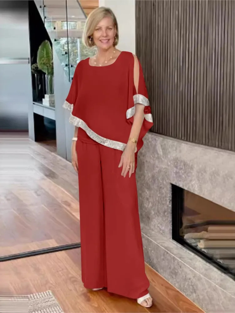 Spring Autumn Set Fashion Round Neck Shining Color Blocked Bat Shirt Sexy Off Shoulder Wide Leg Pants Three Piece 250605