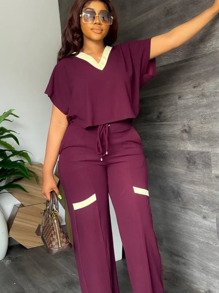 Elegant Womens Casual Short Sleeve T-shirt Sports Suit Summer Fashion Solid V Neck Short Top Straight Pants Two Piece Sets 250605