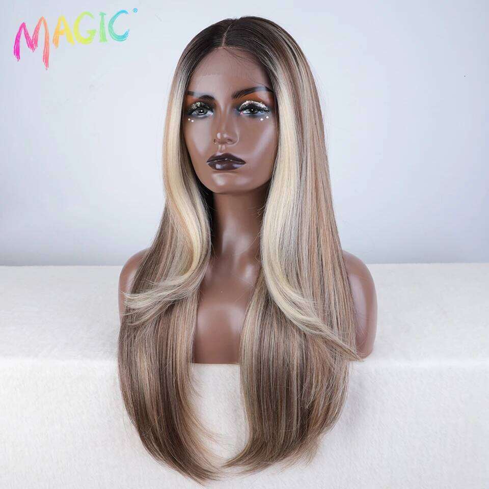 NAMM Magic Synthetic Front Wigs For Women Straight 28 Inche Bob Ombre Brown Blonde White Lace Glueless Cosplay Wig