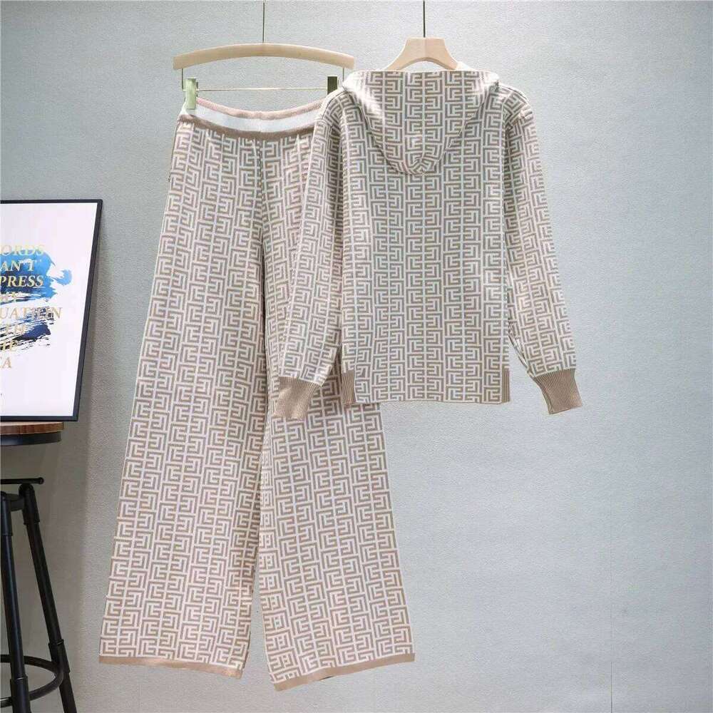 Europe with A Hooded Coat Wide Leg Pants Autumn and Winter Sweater Two Sets of Women's Wear