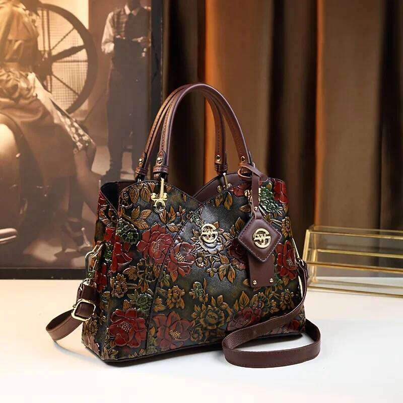Vintage Flower Pattern Handbag, PU Leather Tote Bag, Fashion Crossbody Bag For Women