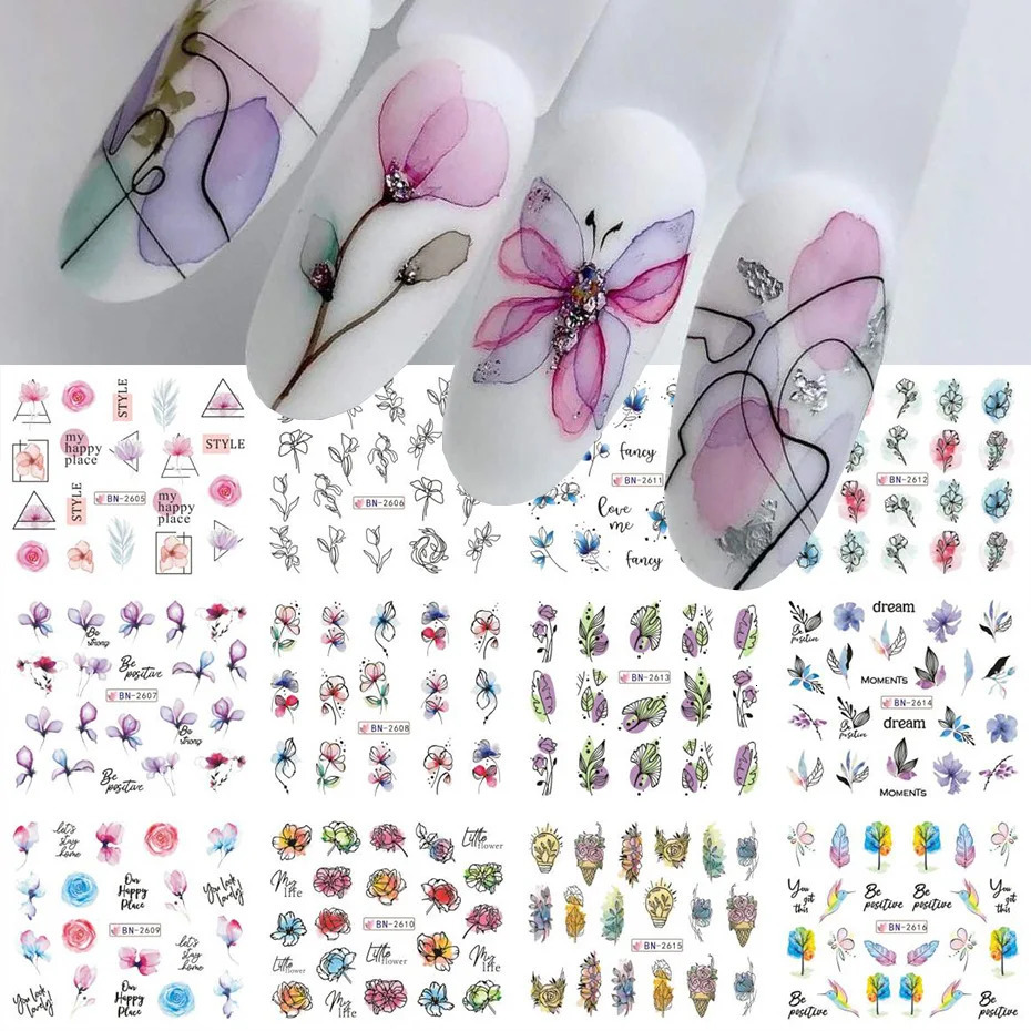 12 PCs Ink Flowers Nail Art Sticker Summer Water Decal Blooming Leaves Graffiti Slider Decoration Foils Tattoo 250605