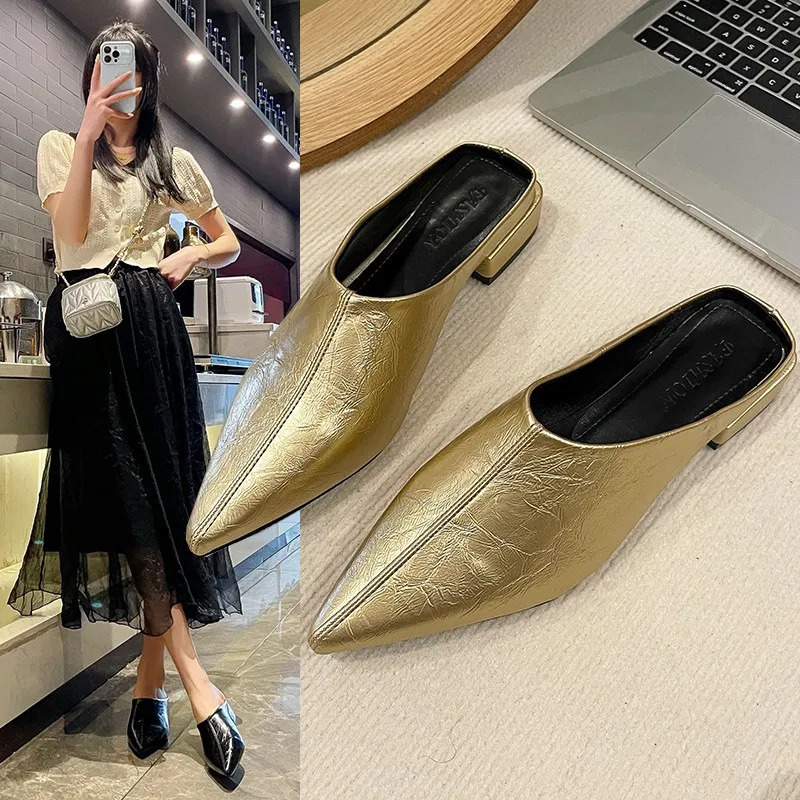 Baotou Half Slippers Womens Outer Wear 2025 Plus Size Pointed Thick Heel Womens Slippers 250603