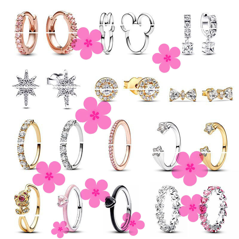 925 Silver Panjia Love Series Butterfly Festival Pink Women's Ring Earrings Star Ring