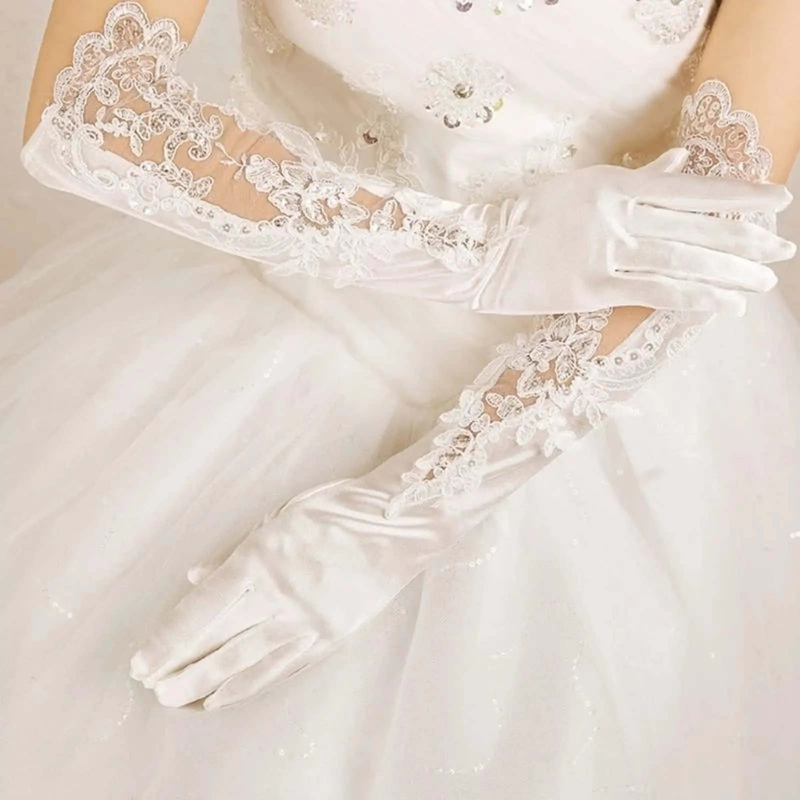 Elegant Satin Lace Gloves Long Bridal Gloves for Bride Flower Girl Wedding Prom Party 250603
