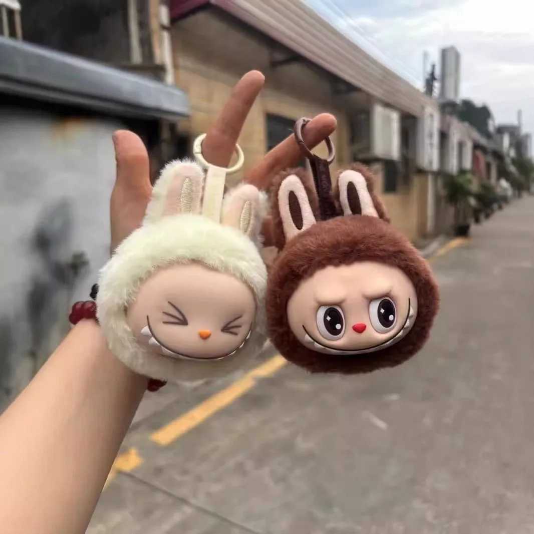 Sitting Labubu Doll Keychain External Implantation Fluff PVC Toy Phone Ornaments Bag Charms Car Keychain Christmas Gifts Z250607