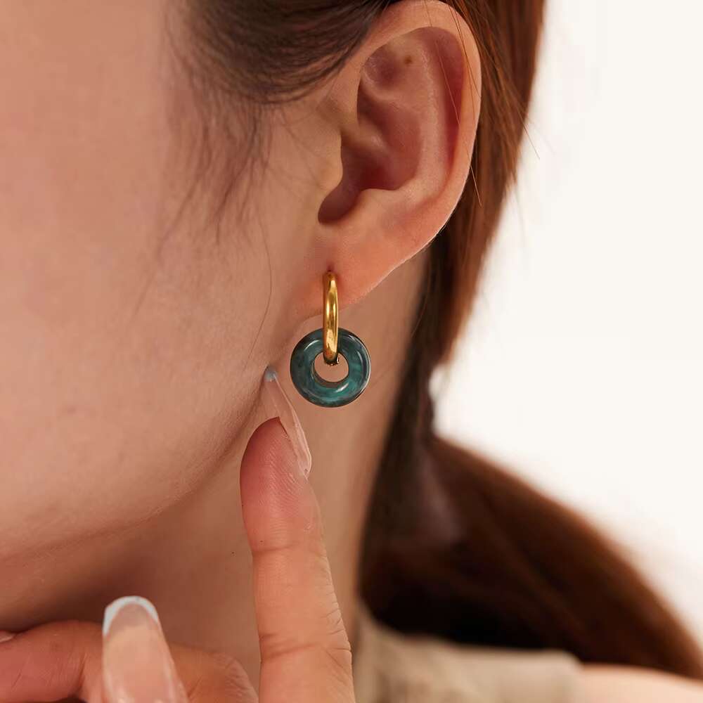 Hot Selling Natural Stones Earrings Stainless Steel 18K Gold Plated Ink Textured Stones Pendant Hoop Earrings for Women