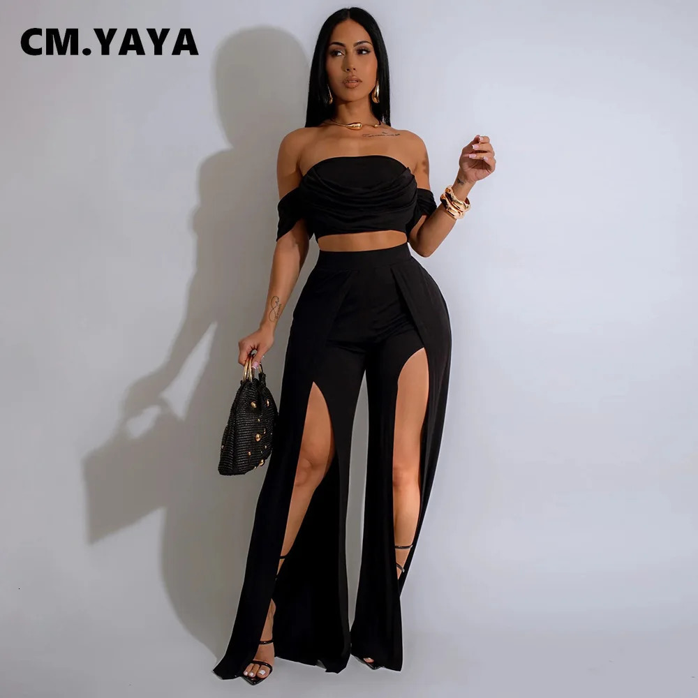 CM.YAYA Womens Set Short Sleeve Slash Neck Ruched Tops and Wide Leg split Pants Street Two 2 Piece Sets Outfit Tracksuits 250605