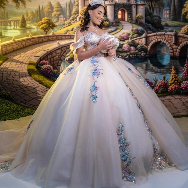 Beige Shiny Off The Shoulder Ball Gown Quinceanera Dresses Sequin Appliques Lace Beading Crystal Tull Sweet 16 Dress vestidos 15 anos
