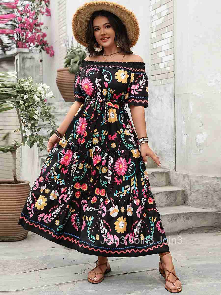 Womens Floral Print Off-shoulder Maxi Dress Elegant Summer Swing Dress for Beach Vacation or Special Occasions