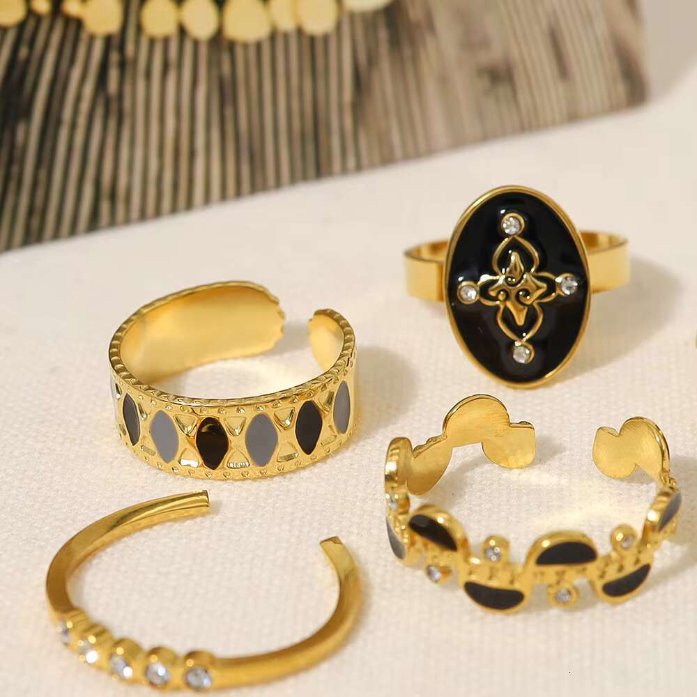 Popular Ins Style 18k Gold-plated Stainless Steel Ring Fashionable Simple Personality Geometric Black Versatile Jewelry Ring