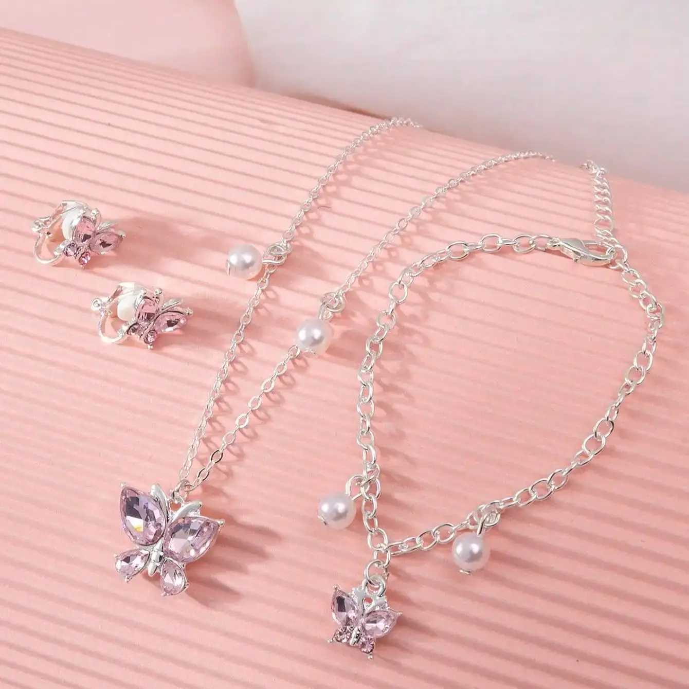 European and American pink purple simple generous butterfly necklace ear clip 3 pieces girl childrens jewelry Z250607