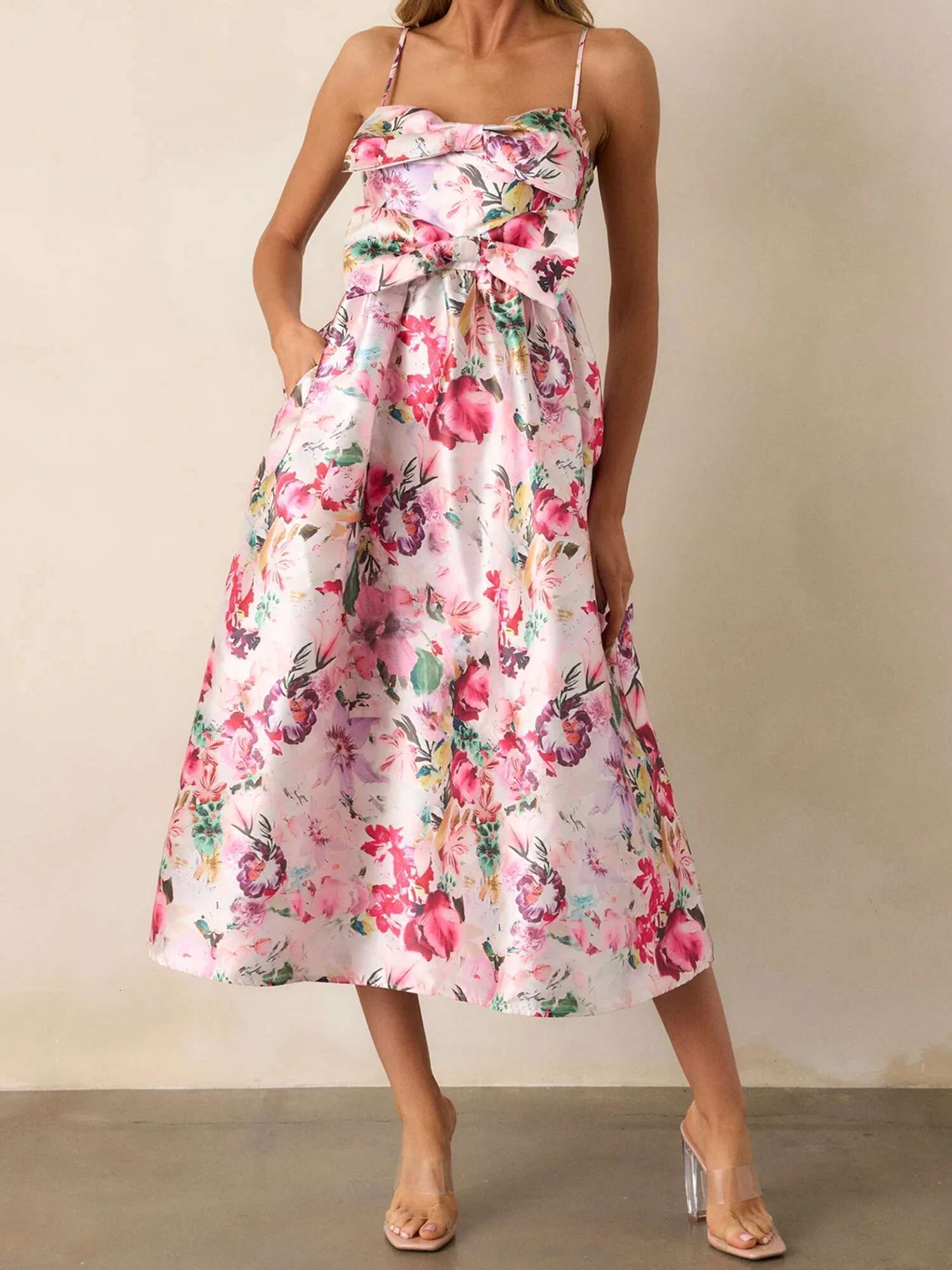Womens Floral Print Sleeveless Spaghetti Strap Maxi Dress with Bow Front Detail and Loose Fit for Vacation or Special Occasions