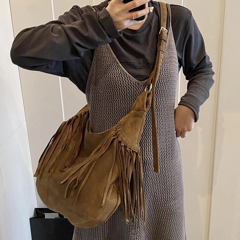 MOODS Bohemia Style Tassels Shoulder Hobo Bags For Women Faux Suede Large Capacity Wild Tote Bag Latest Fashion Handbags 250606