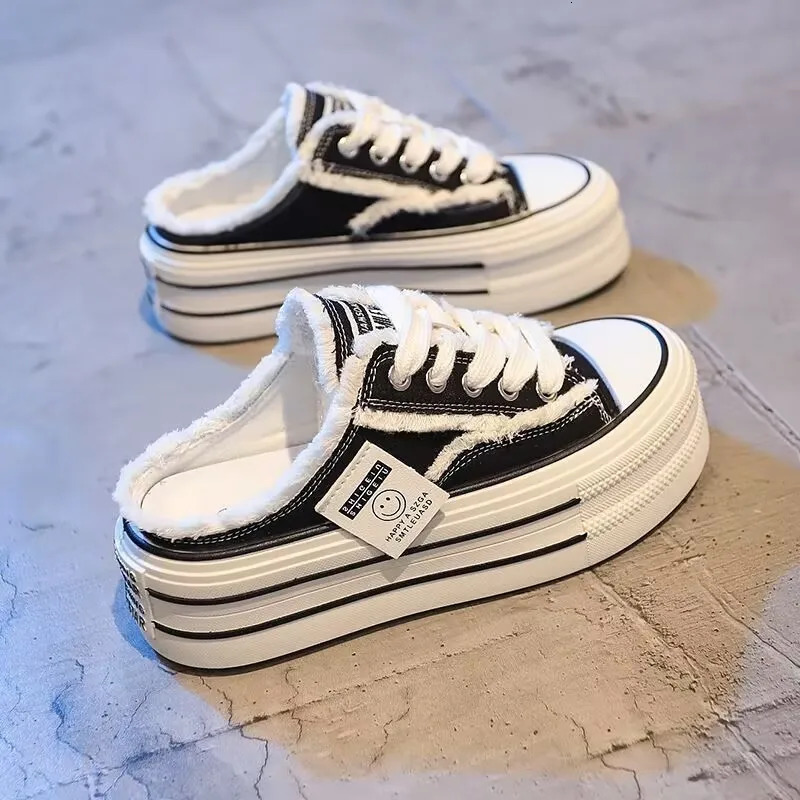 Womens Baotou Slippers Autumn Round Head Lace-up Canvas Shoes No Heel Lazy Thick Sole Half Drag 250603