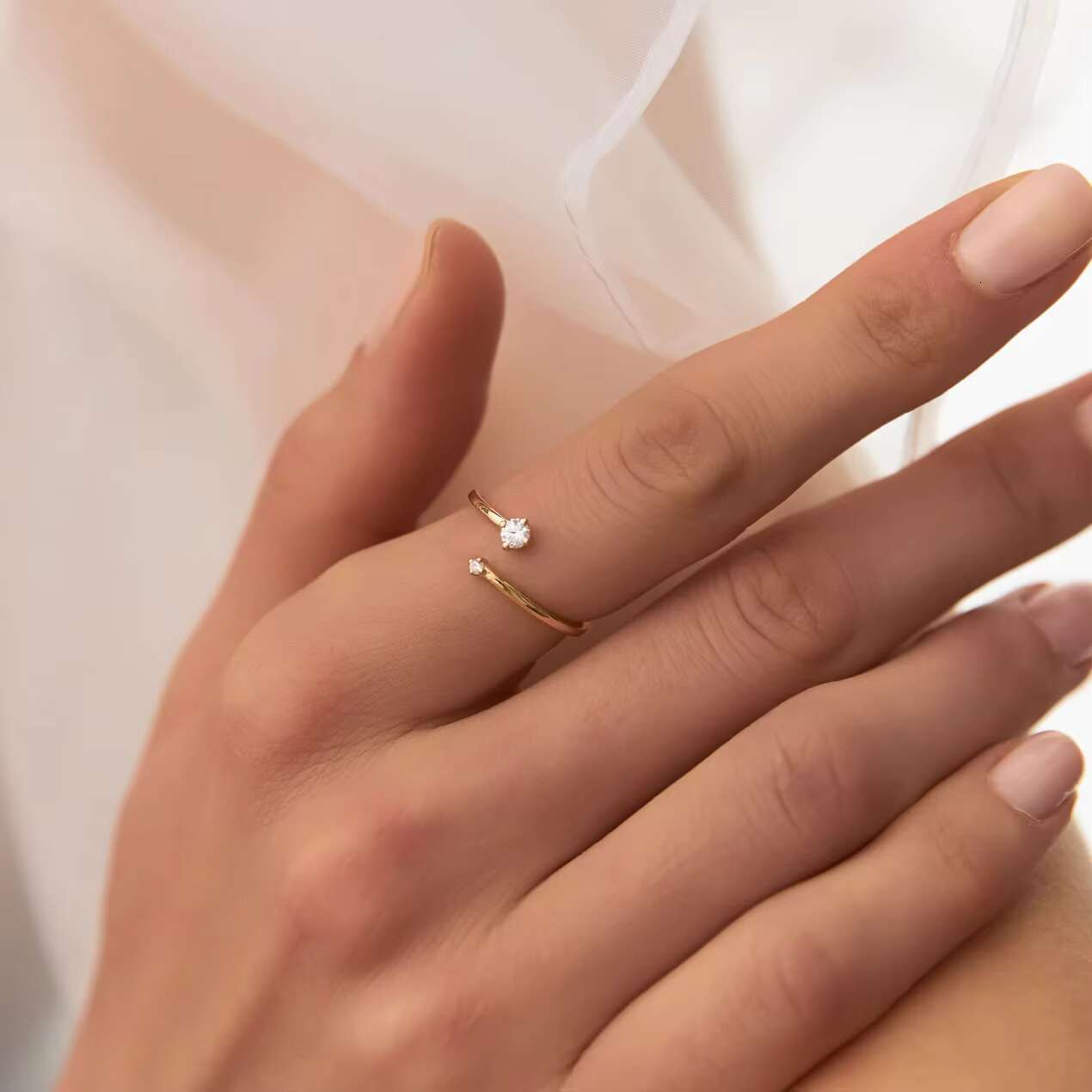 Minimalist Popular 14K Gold Plated Petite Diamond Duo Open Ring 925 Sterling Silver Casual Fine Jewelry Rings for Women