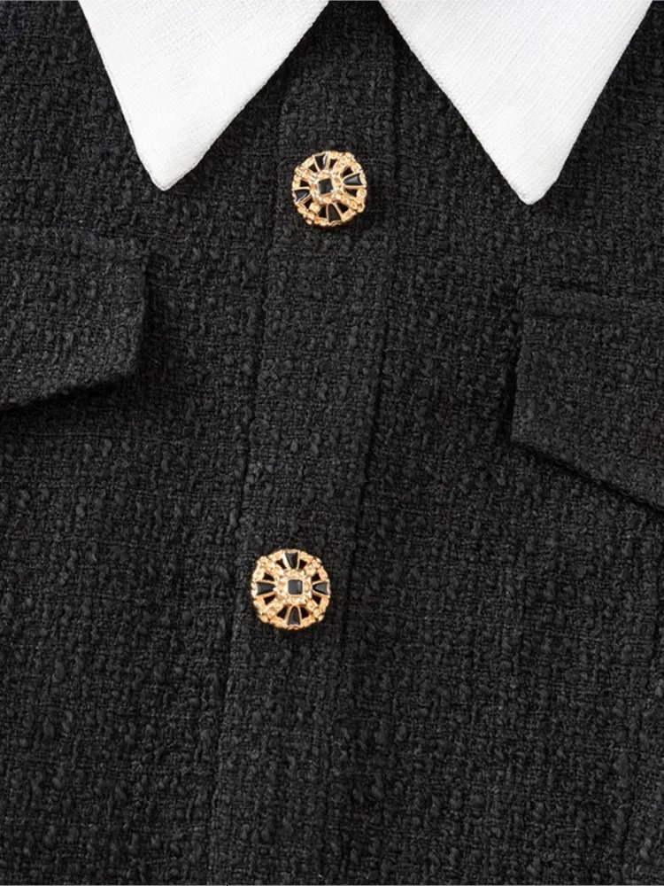Lady Elegant Tweed Short Dress For Women Turn Down Collar Metal Buttons Autumn Dress Slim High Waist Black Fashion Dress 250603