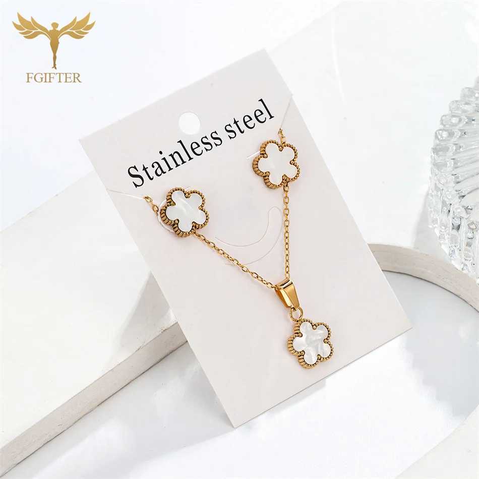 Beautiful White Shell Flower Pendant Necklace And Stud Earrings Jewelry Set Golden Stainless Steel Accessories Women Girls Gifts Z250607