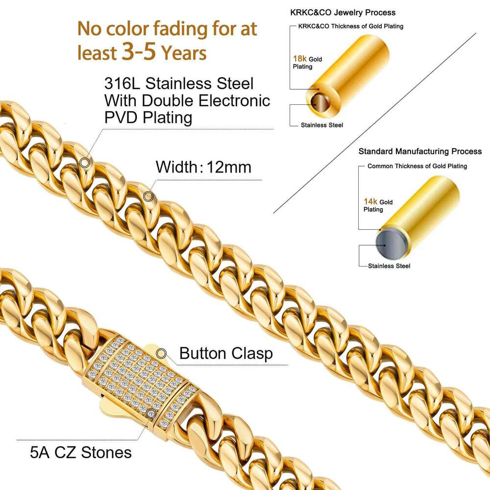 KRKC Hip Hop Jewelry 12mm Gold Plated Stainless Steel Miami Cuban 5A Straight Buckle Men's Chain