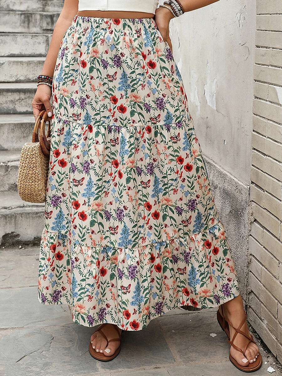 Womens Vintage Boho Style Maxi Skirt with Elastic Waistband Flowy Floral Print Summer Skirt for Casual Daily Wear