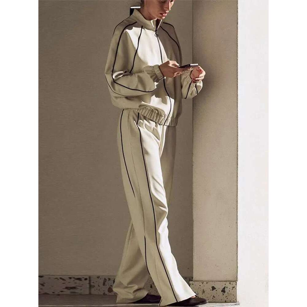 Women Sweat Two Pieces Set Long Sleeve Lapel Zipper Hoodie Tie Elastic Waist Comfortable Striped Pants Sport Suit Spring