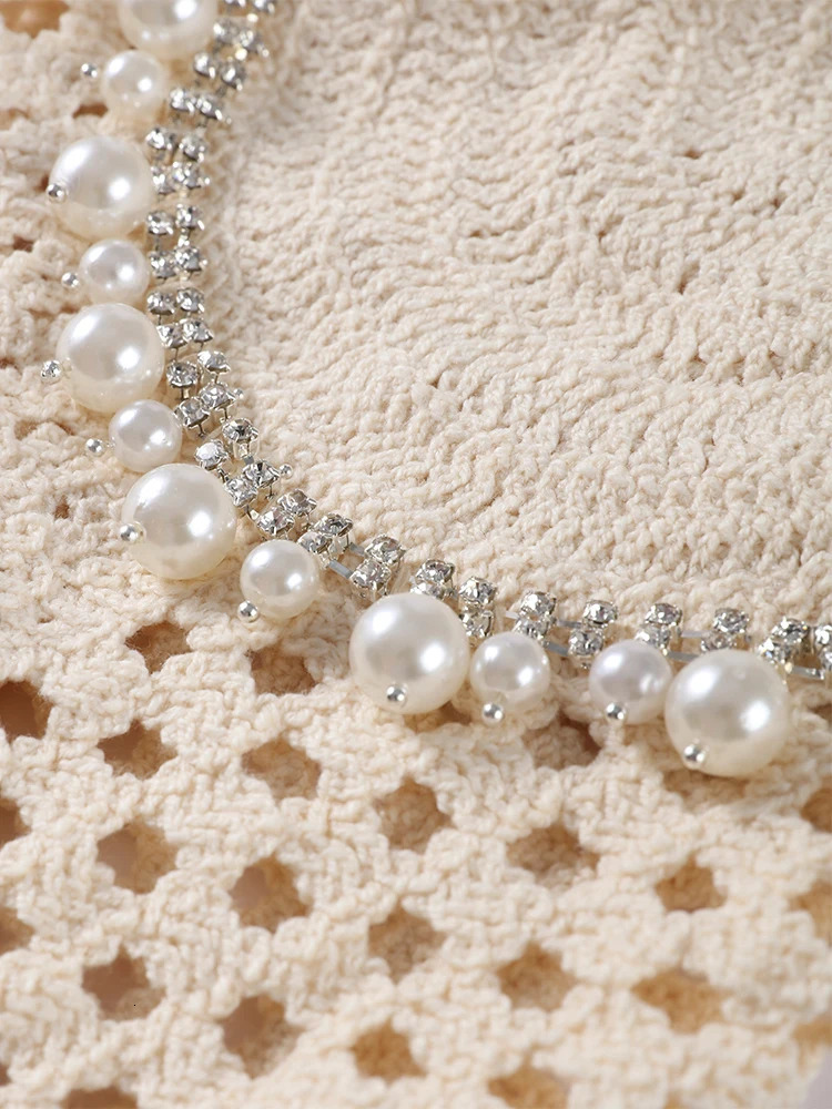 Beach Pearl Knit Crop Vest Shorts Sets Women Slim Hollow Sleeveless Backless Tops Lace Up Short Pants 2025 Summer Sexy Outfits 250605