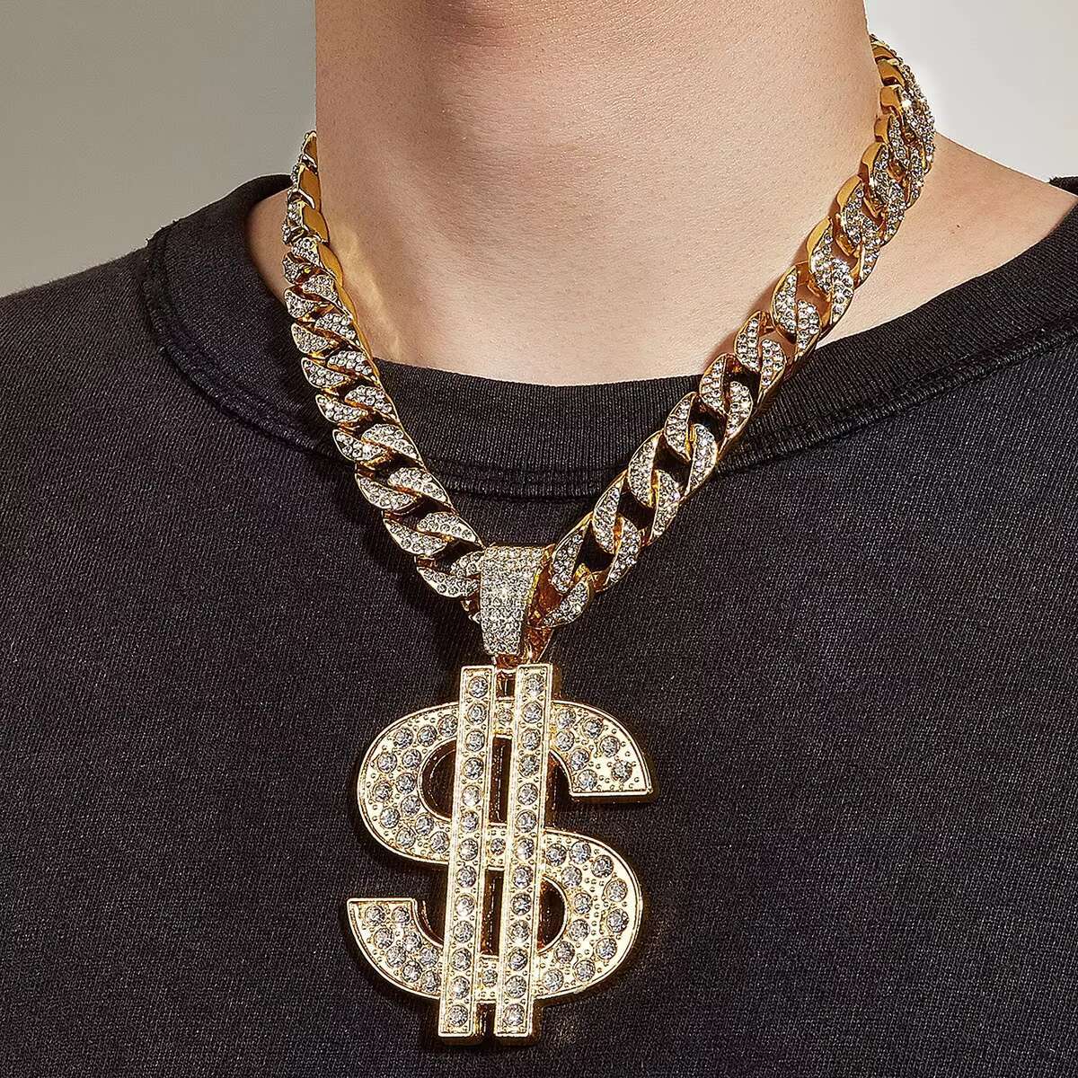 Hot Sell Hip Hop Diamond Encrusted Dollar Pendant Cuban Chain Necklace Accessories Bully Street Dance Nightclub Collarbone Chain