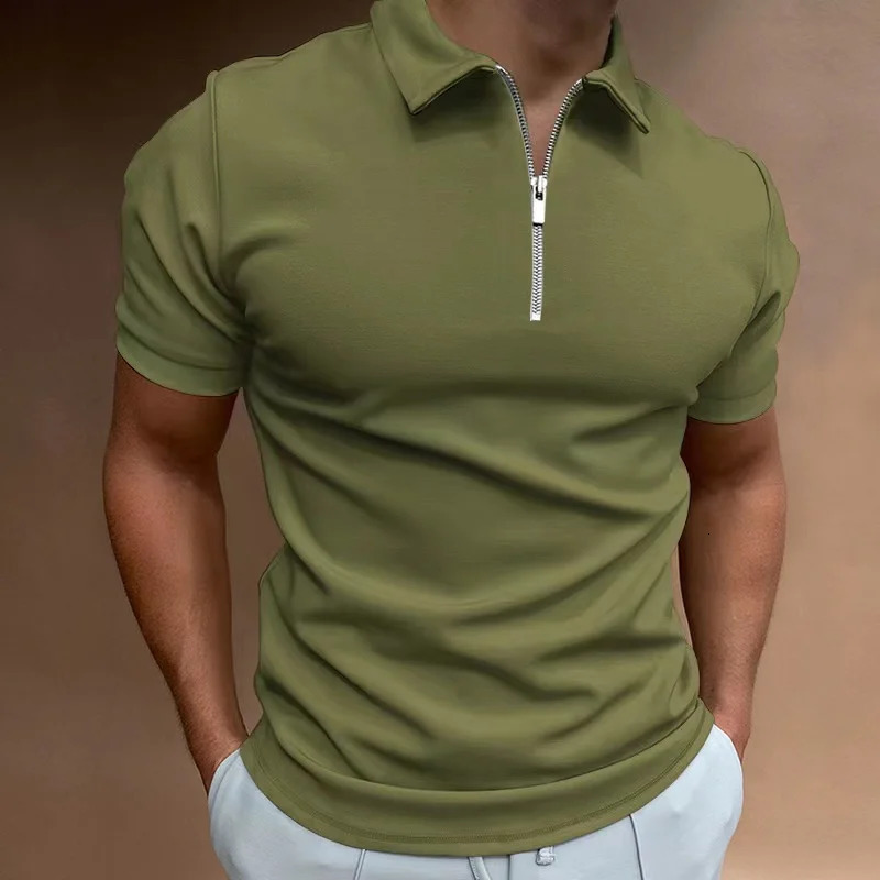 Summer Mens Solid Color Polo Shirt Short Sleeve Turn-Down Collar Zipper Tshirts for Men Casual Streetwear Male Tops 250605