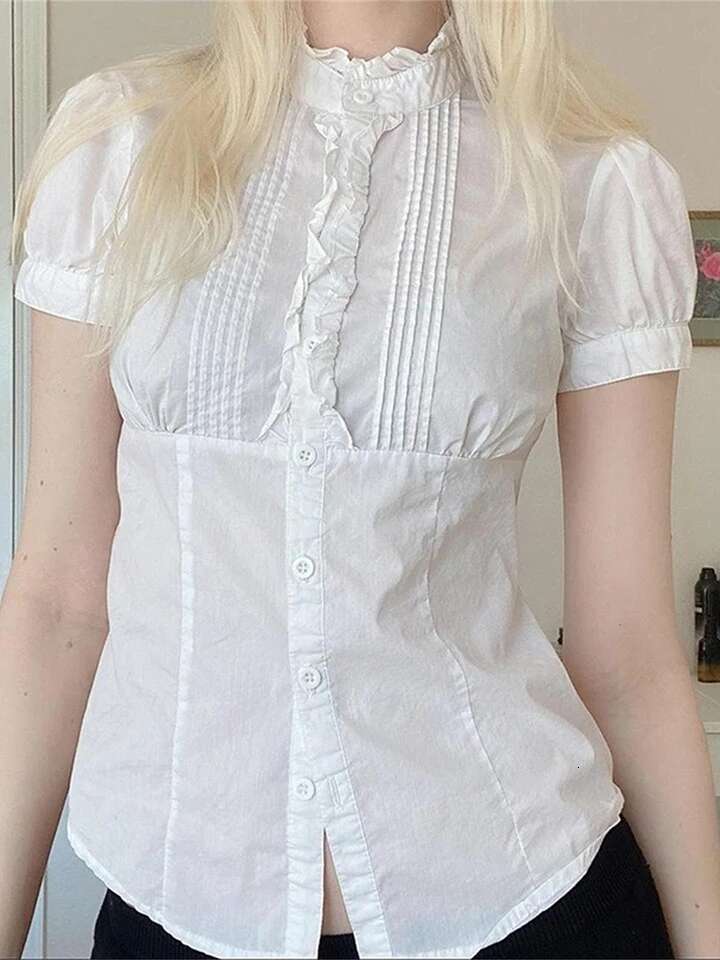 Womens Blouse Stylish Short Sleeve V-neck Solid Color Button Down Shirt Casual Summer Top with Fit