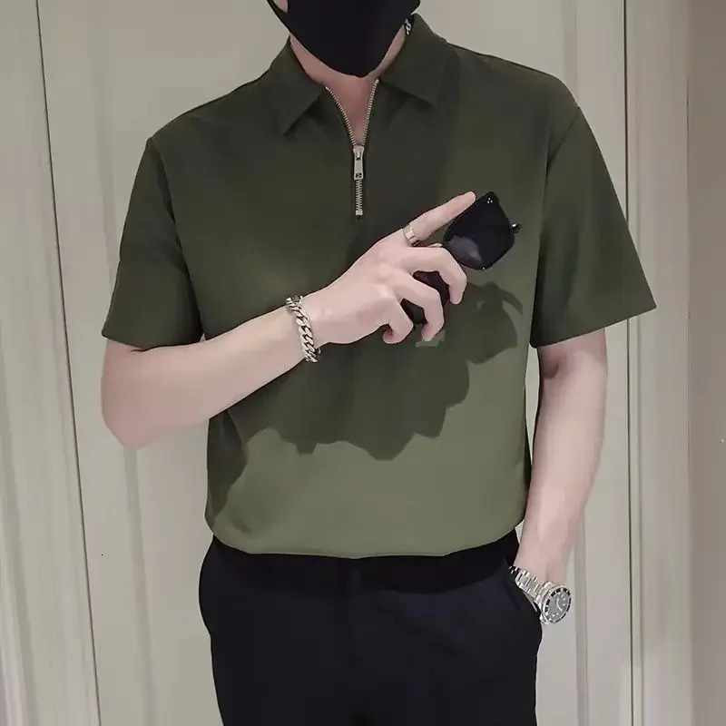 Plain Mens with Collar T-shirt White Black Green Zipper Male Polo Shirts Quick-drying Party Slim Fit Xl Clothes Kpop Tops 250606