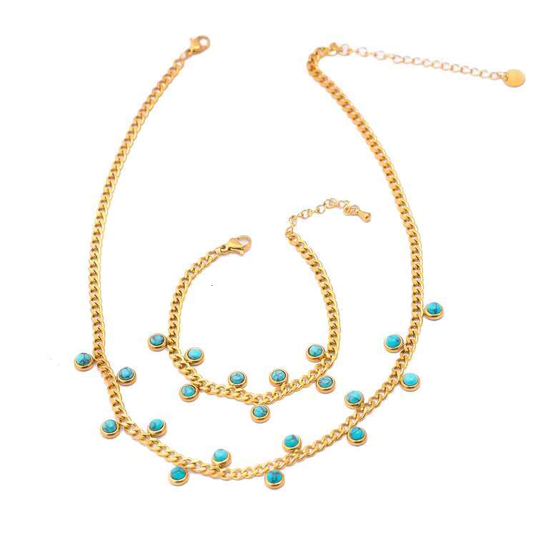 Vintage Stainless Steel Cuban Bracelet Gold Turquoise Jewelry Set Necklace Wholesale