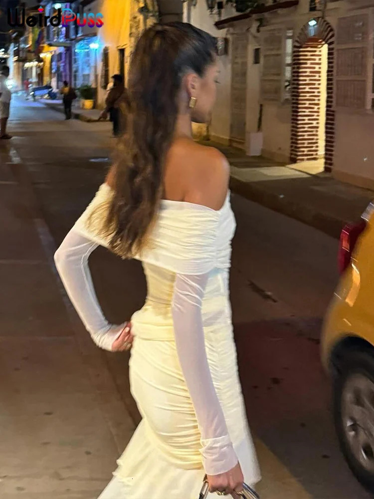 Weird Puss Elegant Sexy Dress Women Slash Neck Irregular Hem Side Tassel Birthday Party Full Sleeve Ruched Mini Bodycon 250605